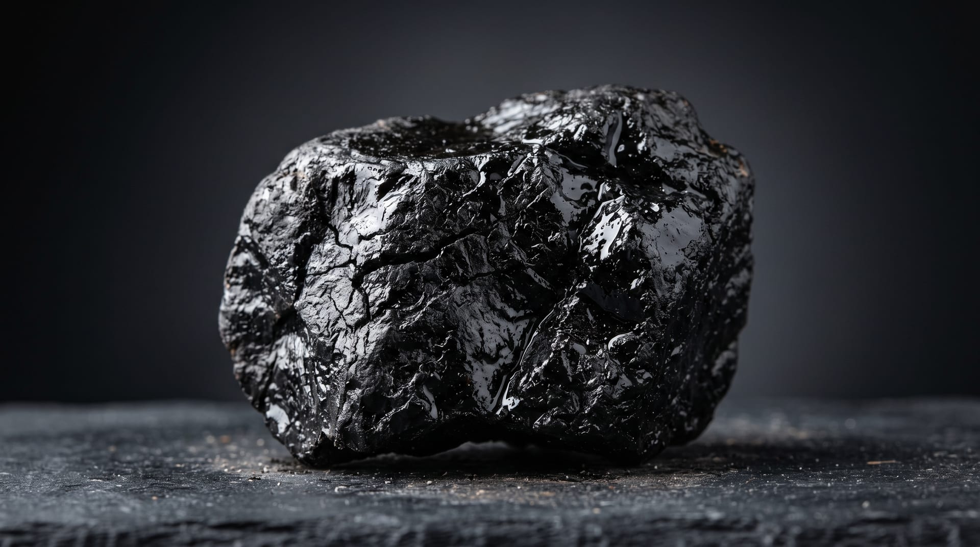 Macro studio photograph of a thick black bitumen chunk with a glossy tar-like sheen