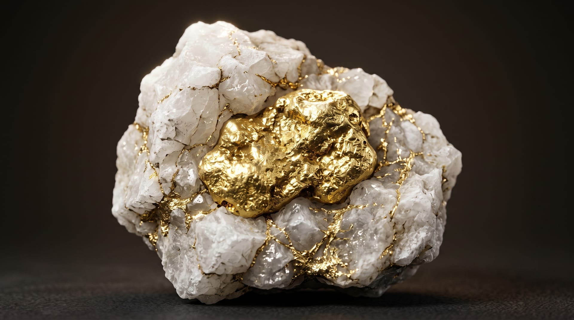 Macro studio photograph of a raw gold nugget embedded in quartz rock
