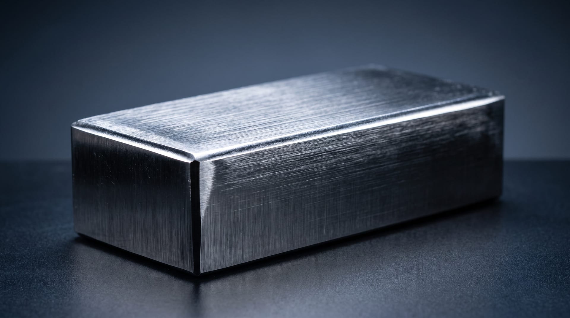 Macro studio photograph of a polished brushed steel ingot