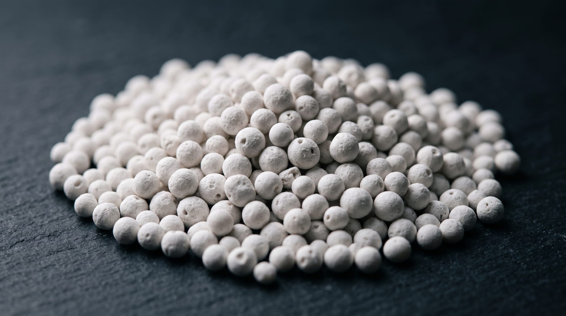 Macro studio photograph of white nitrogen fertilizer prill granules